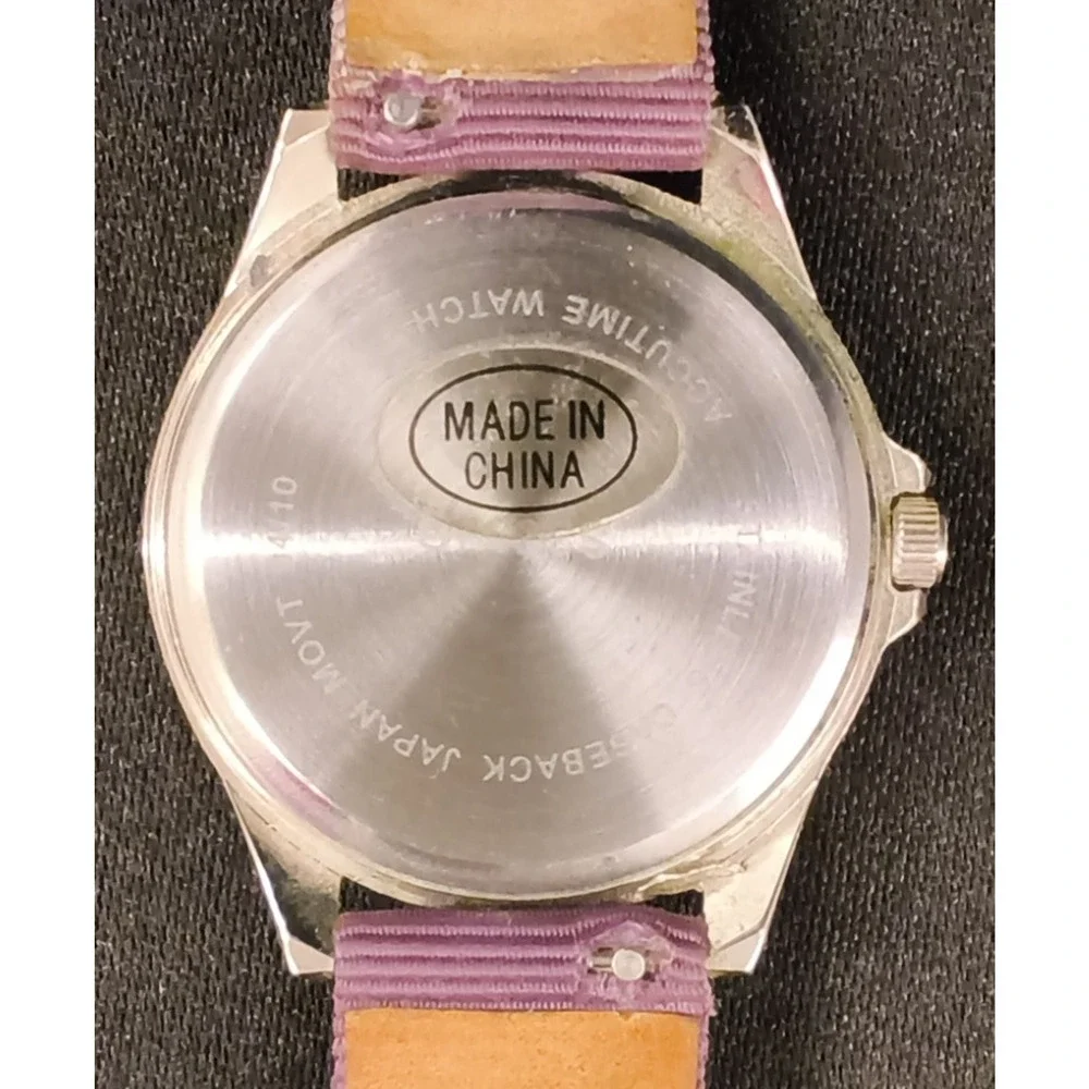 Accutime Silver/Pink Round Peace Sign Black Face Purple Unisex Watch Band #W5175